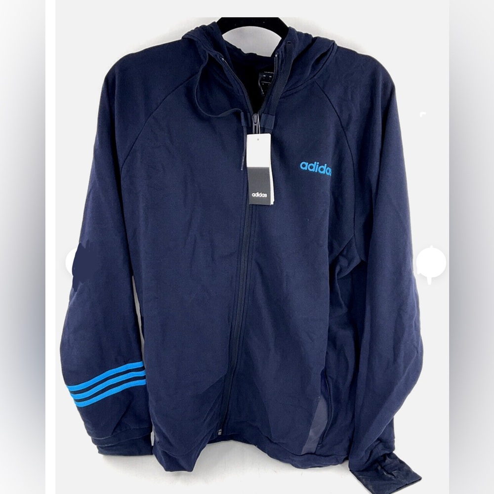 Men’s Adidas Zip-Up Hoodie, 3 stripes around one  forearm, size Large, blue, EUC